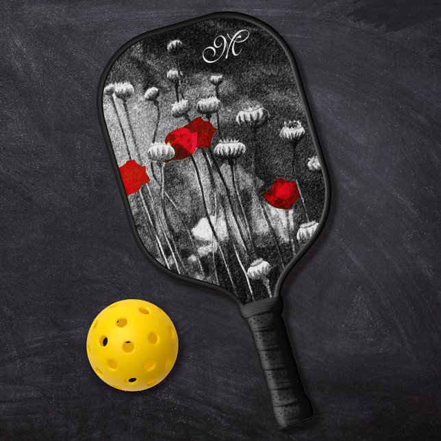 Black White Poppies Red Flowers Dark Floral Custom Pickleball Paddle (Creator Uploaded)