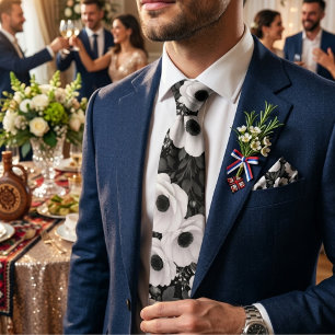 Black & White Poppy Floral Neck Tie