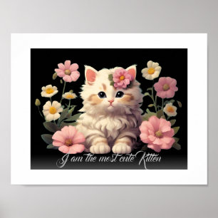 Black & White Portrait  Cute Cat in Flowers Kitten Poster