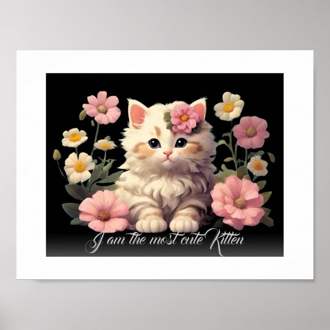Black & White Portrait  Cute Cat in Flowers Kitten Poster (Front)