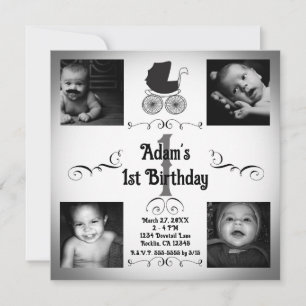 Black & White Pram Carriage Photo 1st Birthday  Invitation