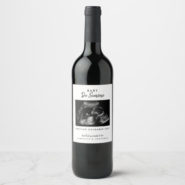 Black White Pregnancy Announcement Sonogram Photo Wine Label (Front)
