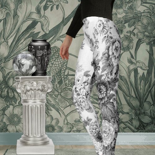 Black White Pretty Vintage Floral Leggings