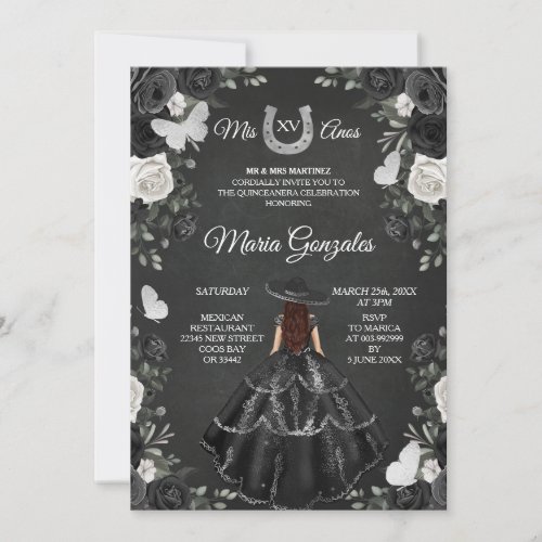 Black  White Princess Quinceanera Birthday Invitation
