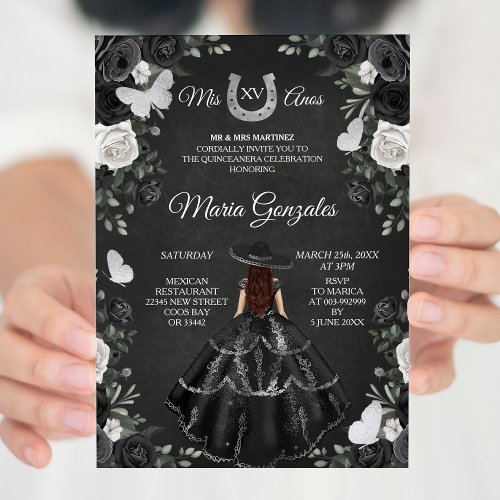 Black  White Princess Quinceanera Birthday Invitation