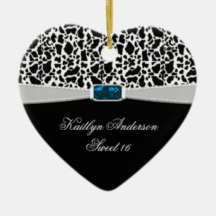 Black White Print and Blue Jewel Sweet 16 RE-DO Ceramic Ornament