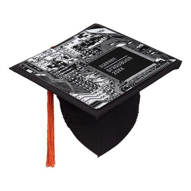 Black White Printed Circuit Board Geek Electronic  Graduation Cap Topper (Angled)