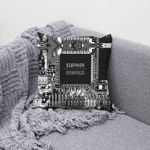 Black white printed circuit board Geek Electronics Throw Pillow