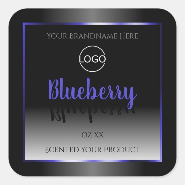 Black White Product Label Shimmery Blue Frame Logo (Front)
