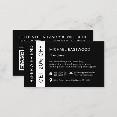 Black White Professional 2 in 1 Business And Referral Card
