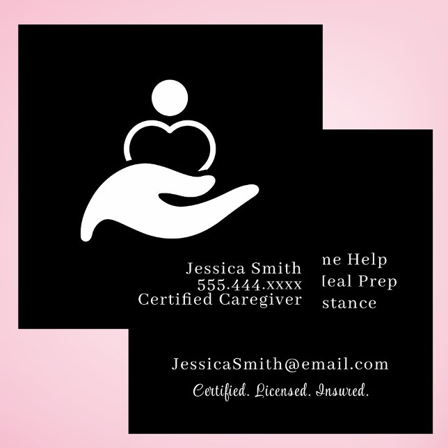 Black & White Professional Home Help Caregiver  Square Business Card (Creator Uploaded)
