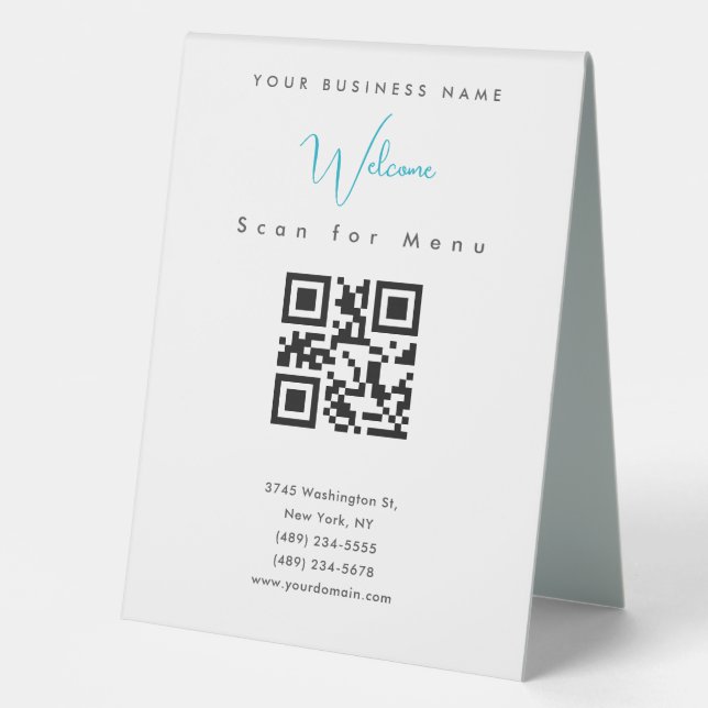Black White Professional Scannable QR Code Menu Table Tent (Front)