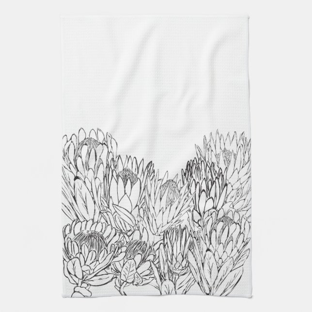Black & White Protea Sketch Bouquet Kitchen Towel (Vertical)
