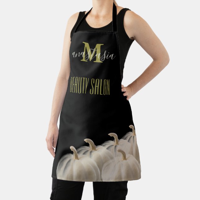 Black White Pumpkin Beauty Salon Monogram Apron (Insitu)