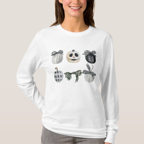 Black White Pumpkin Coquette Bow Halloween  T_Shirt