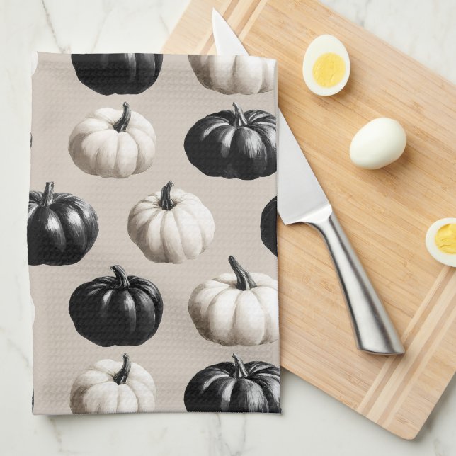 Black & White Pumpkin Fall Design Kitchen Towel (Quarter Fold)