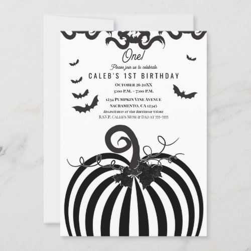 Black  White Pumpkin Halloween 1st Birthday Invitation