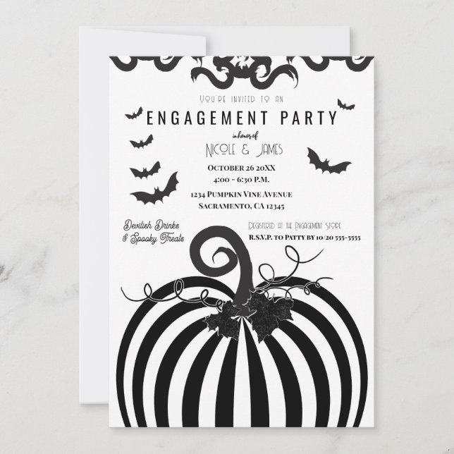 Black & White Pumpkin Halloween Engagement Party Invitation (Front)