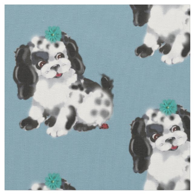 Black White Puppy Dog Ladybug Blue Vintage Nursery Fabric (Close Up)