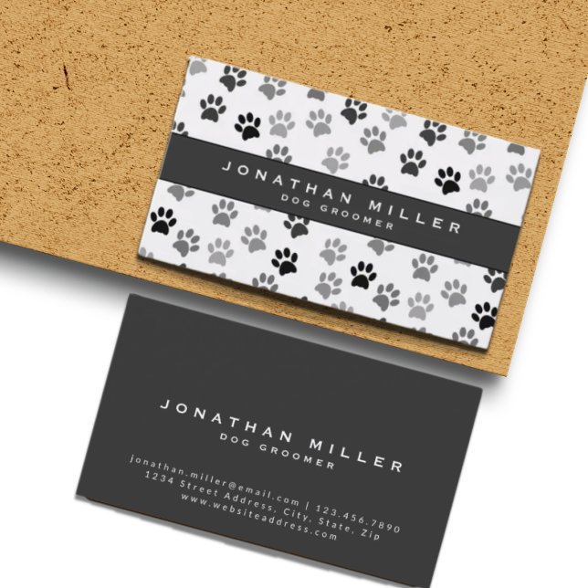 Black & White Puppy Dog Paw Prints | Gray Business Card (Creator Uploaded)