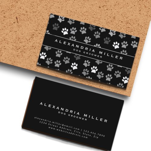 Black  White Puppy Dog Paw Prints  Pet Groomer Business Card