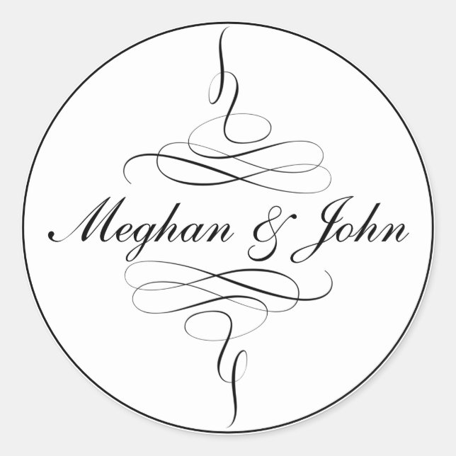 Black White Pure Elegant Basic Calligraphy Wedding Classic Round Sticker (Front)
