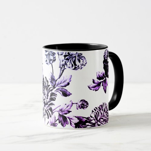 Black White Purple Blue Vintage Floral Toile Mug