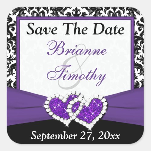 Black White Purple Damask 15 Save The Date Stick Square Sticker