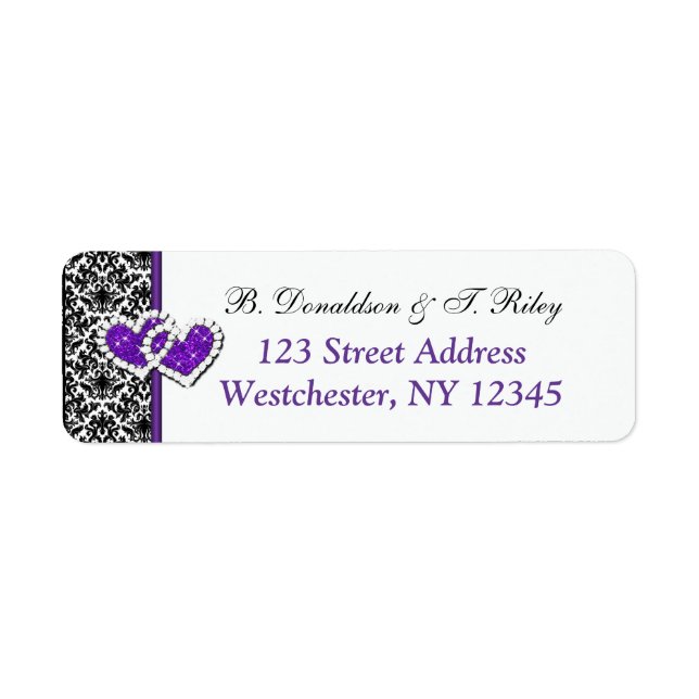 Black White Purple Damask Hearts Address Label (Front)