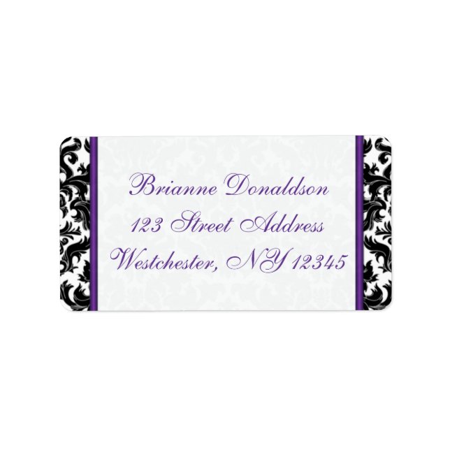 Black White Purple Damask Hearts Address Label 2 (Front)
