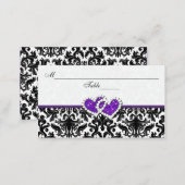 Black, White, Purple Damask Hearts Place Card (Front/Back)