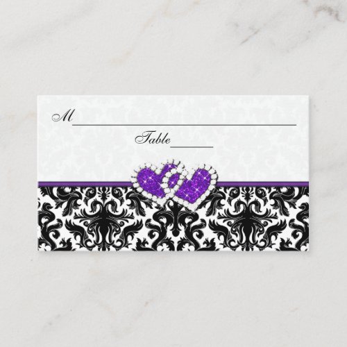 Black White Purple Damask Hearts Place Card