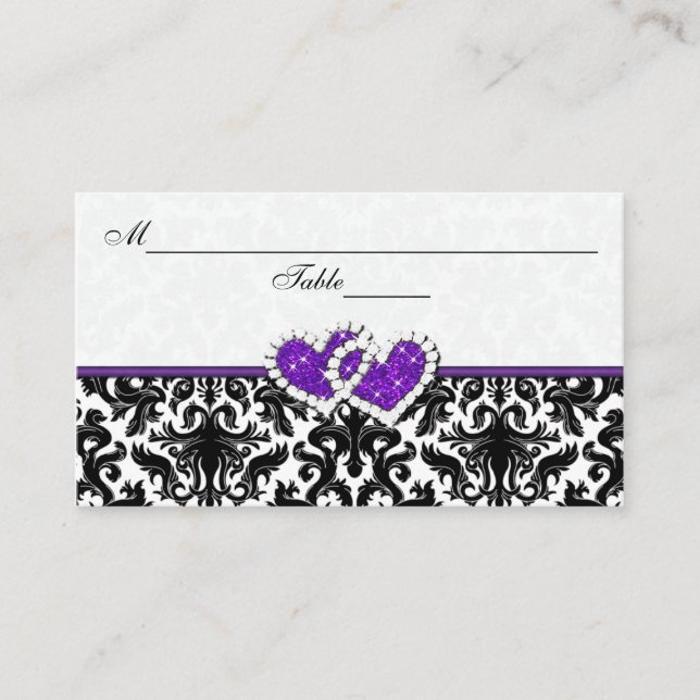 Black, White, Purple Damask Hearts Place Card (Front)