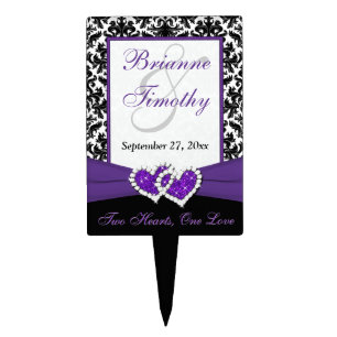 Black White Purple Damask Hearts Wedding Cake Pick