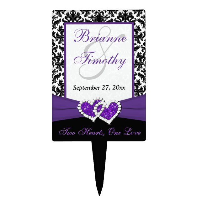 Black White Purple Damask Hearts Wedding Cake Pick (Front)
