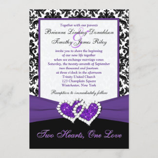 Black White Purple Damask Hearts Wedding Invite