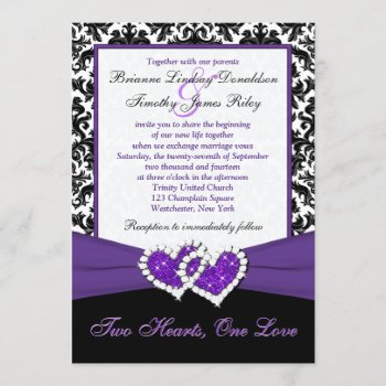 Black White Purple Damask Hearts Wedding Invite by NiteOwlStudio at Zazzle