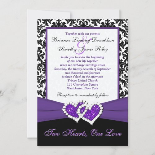 Black White Purple Damask Hearts Wedding Invite