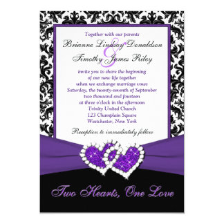 Black White Purple Damask Hearts Wedding Invite