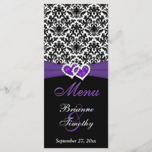 Black, White, Purple Damask, Hearts Wedding Menu