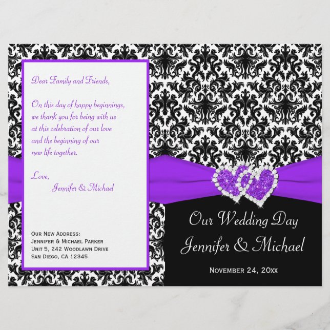 Black White Purple Damask Hearts Wedding Program (Front)