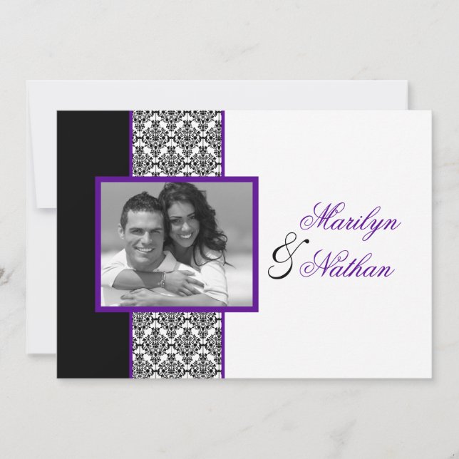 Black White Purple Damask Photo Wedding Invite (Front)