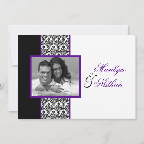 Black White Purple Damask Photo Wedding Invite