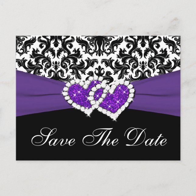 Black, White, Purple Damask Save the Date Postcard (Front)