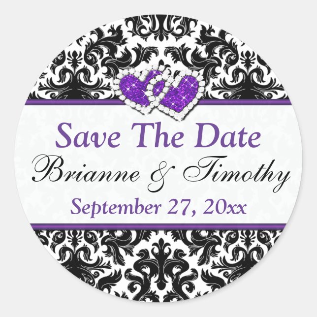 Black White Purple Damask Save The Date Sticker (Front)
