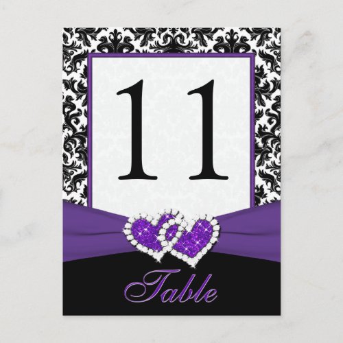 Black White Purple Damask Table Number Post Card