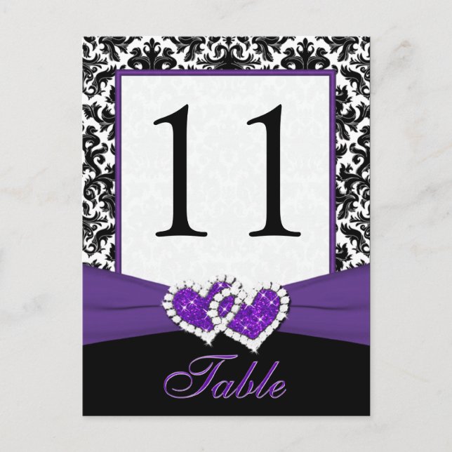Black, White, Purple Damask Table Number Post Card (Front)
