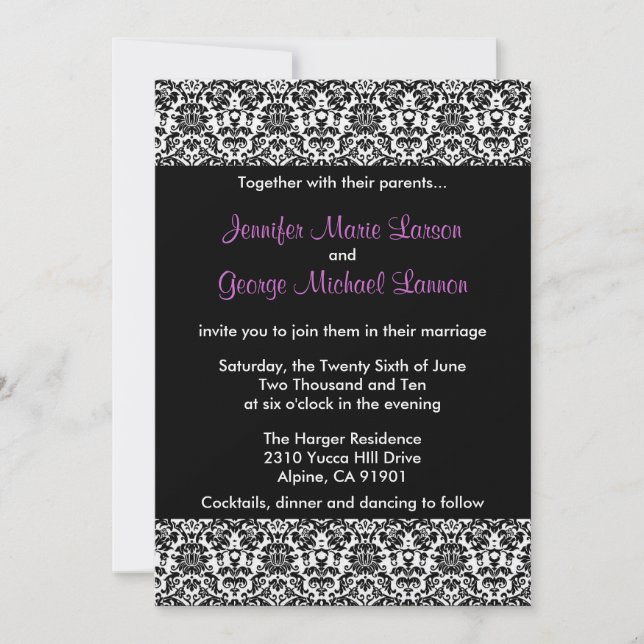 Black/White/Purple Damask Wedding Invitation (Front)