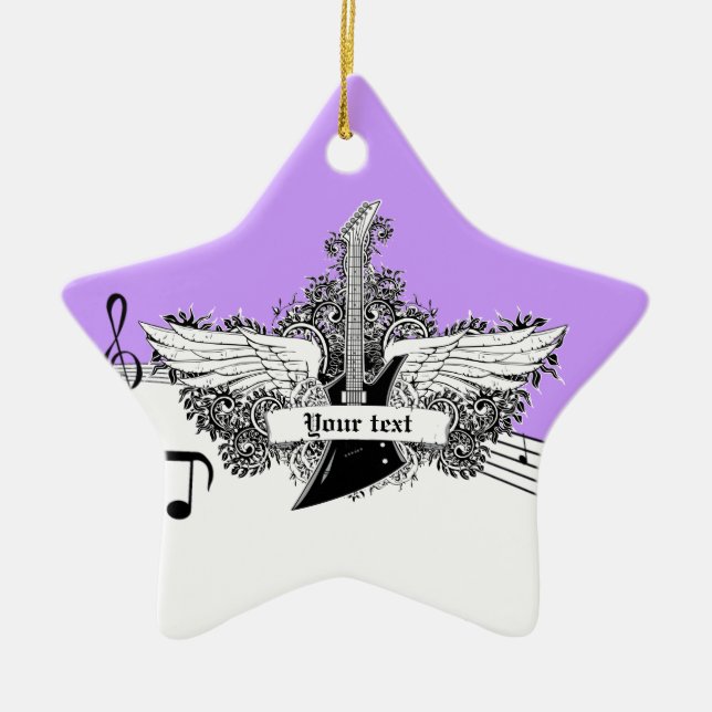 Black white purple electric guitar with wings ceramic ornament (Front)