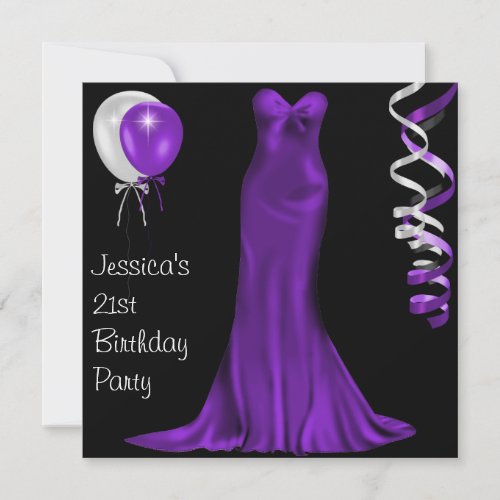 Black  White Purple Formal Dress 21st Birthday Invitation